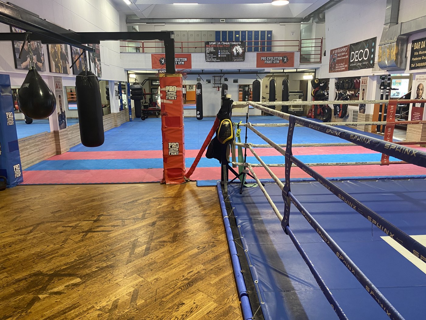 Interno della palestra Pro Evolution Fight a Desio: ring, sacchi e area allenamento